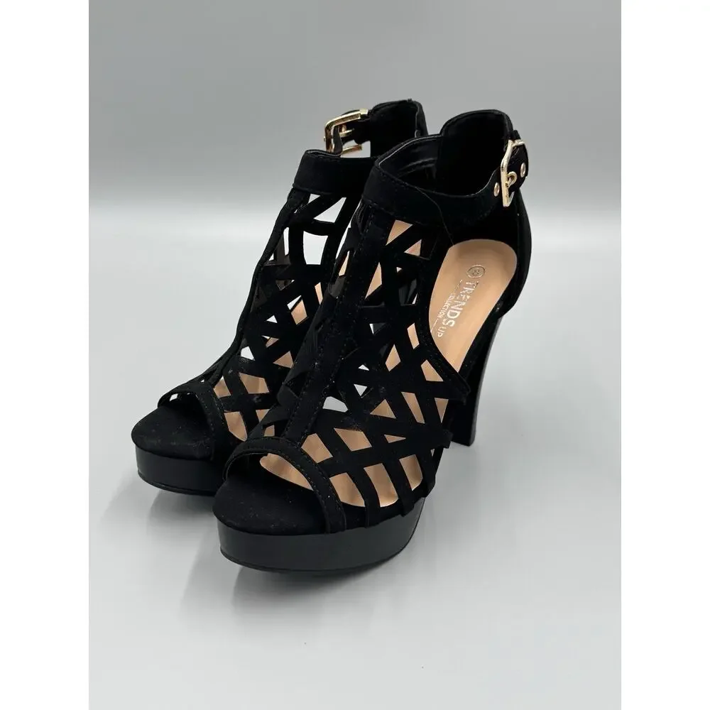 TRENDSup Collection Open Toe Ankle Strap Sandal Caged Black Stacked Heel Sz 8